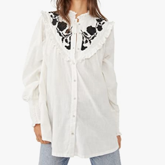 Free People Rose Vines Embroidered White Swing Tunic Blouse - Picture 1 of 16